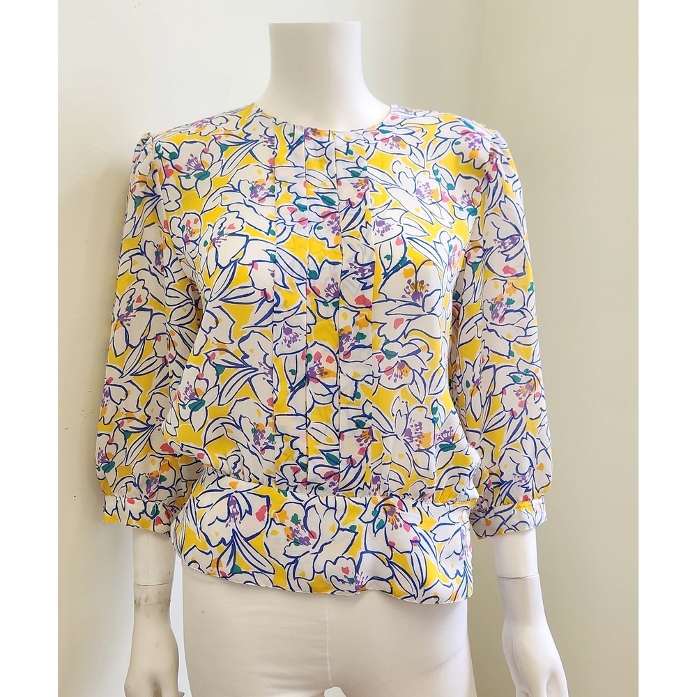 Laura and Jayne Floral Blouse Women 10 Yellow Pleated Peplum Hem Vintage 80s